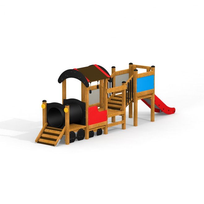 Équipement de aire de jeux Locomotive w/ Tower and Slide train playhouse avec structure en bois et toboggan rouge