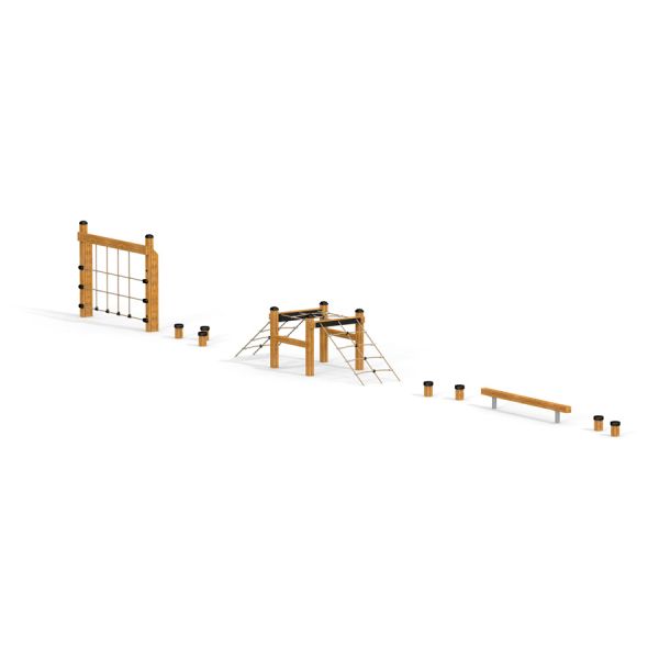 Obstacle Course extérieur pour enfants avec filet d’escalade et poutre d’équilibre.