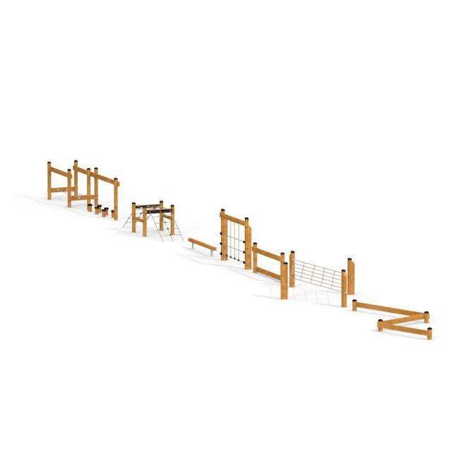 Trim Trail Line équipement de terrain de jeu extérieur en bois avec divers obstacles.