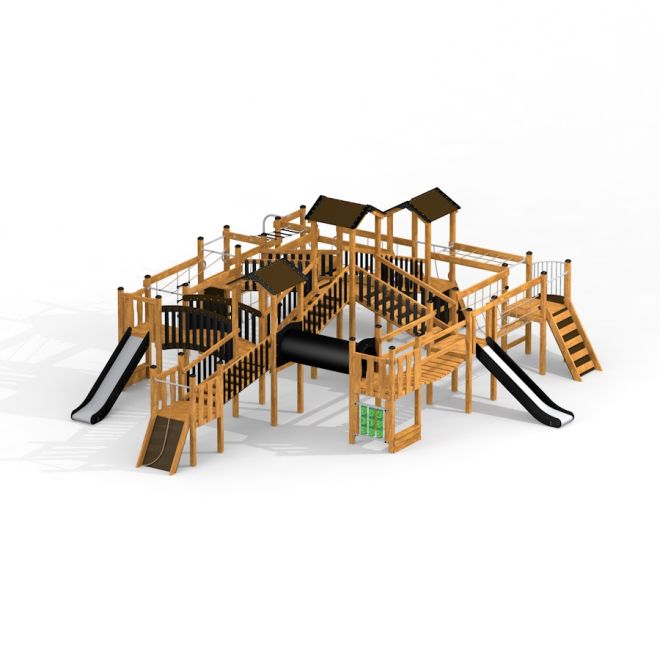 Windsor Modern Nature castle with slide, une grande structure de jeu en bois avec plusieurs toboggans an