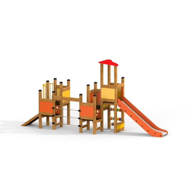 Structure d’escalade de terrain de jeu Tower with Slide avec toboggan orange et cadre en bois
