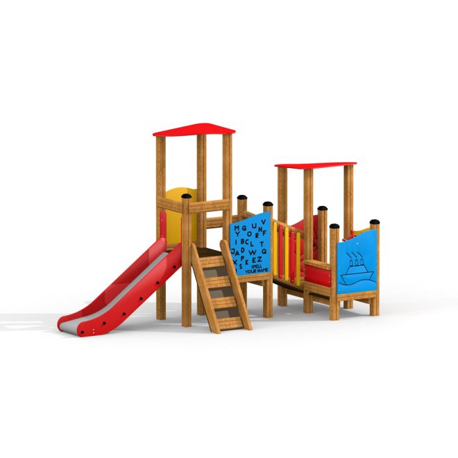 Équipement de jeu extérieur Towers with Slide & Educational Boards avec toits rouges et un toboggan.