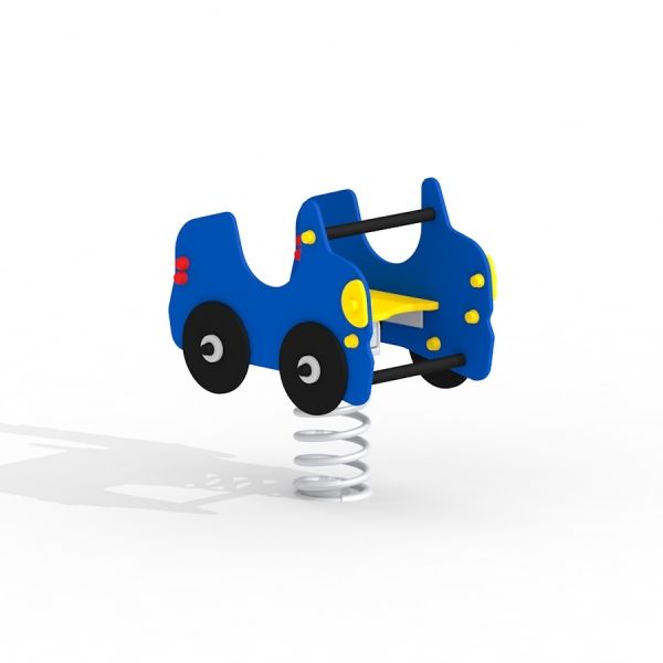 Balançoire à ressort en forme de voiture bleue pour aire de jeux.