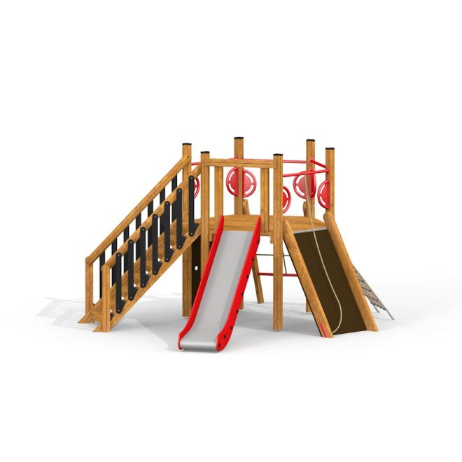 Structure de terrain de jeu « Six Angle w/ Stairs & Slide (H120) » avec des escaliers, un toboggan et des éléments d'escalade