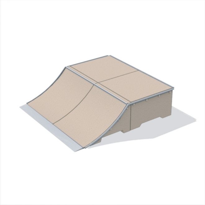 Rampe de skate Double Quarter-Pipe avec une surface beige et des bords métalliques.