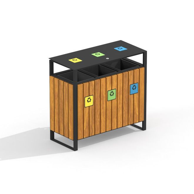 Wooden recycling bin avec trois compartiments séparés pour le tri des déchets