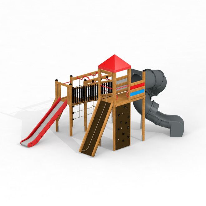 Twister II équipement de jeux avec murs d’escalade en bois, toboggans et toboggan tubulaire.