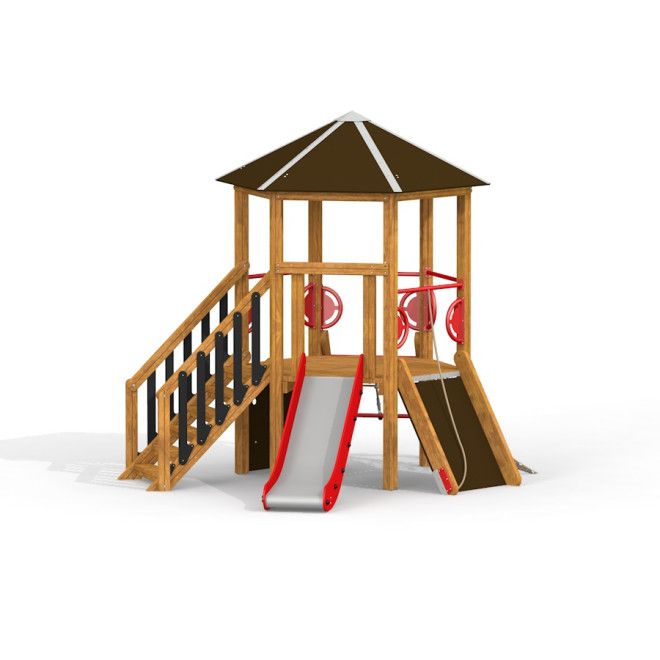 Six Angle w/ Stairs & Slide (H90) wooden playhouse avec escaliers d’escalade et toboggan pour enfants