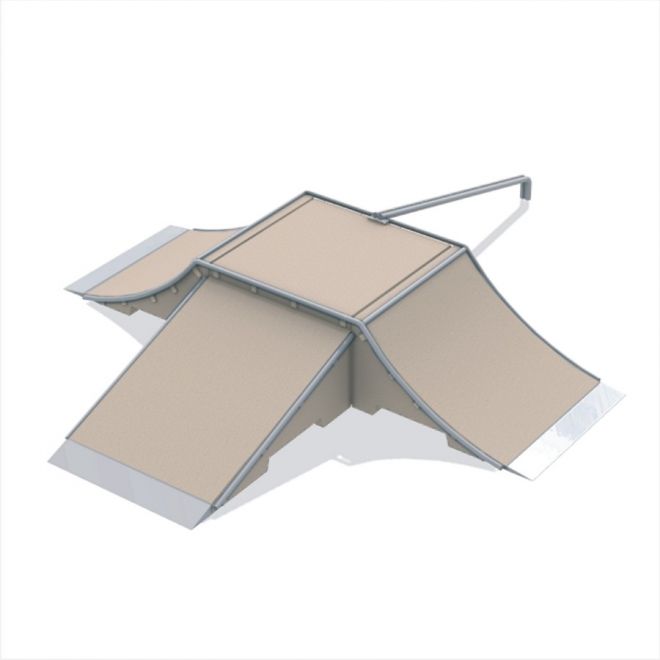 Rampe de skate Fun Box type A au design beige et métallique.