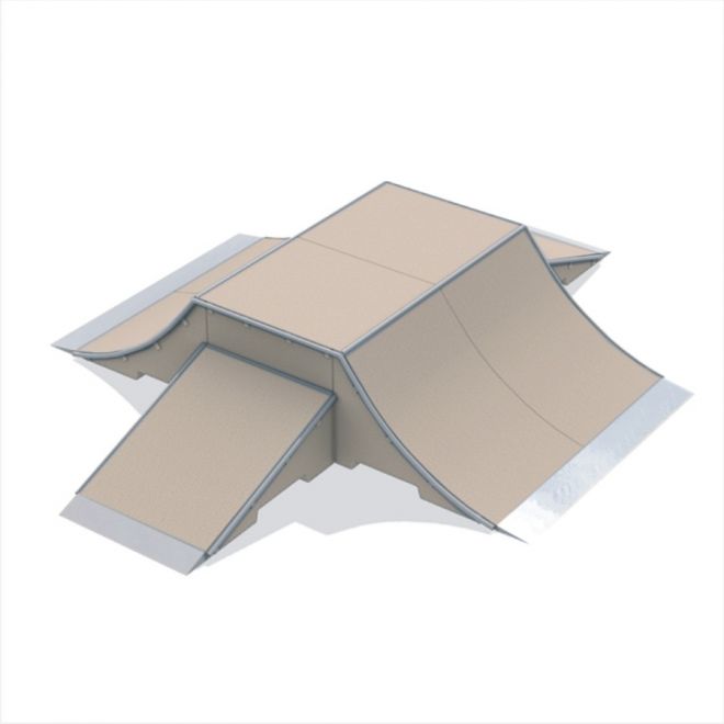 Structure de rampe de skatepark Fun Box type 2 avec plusieurs pentes et plateformes.