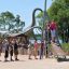 Des enfants jouent sur l'équipement de jeu Silver Cableway avec une statue de dinosaure en arrière-plan
