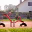 Équipement de jeu rouge SeeSaw avec sièges et poignées sur un terrain de sport