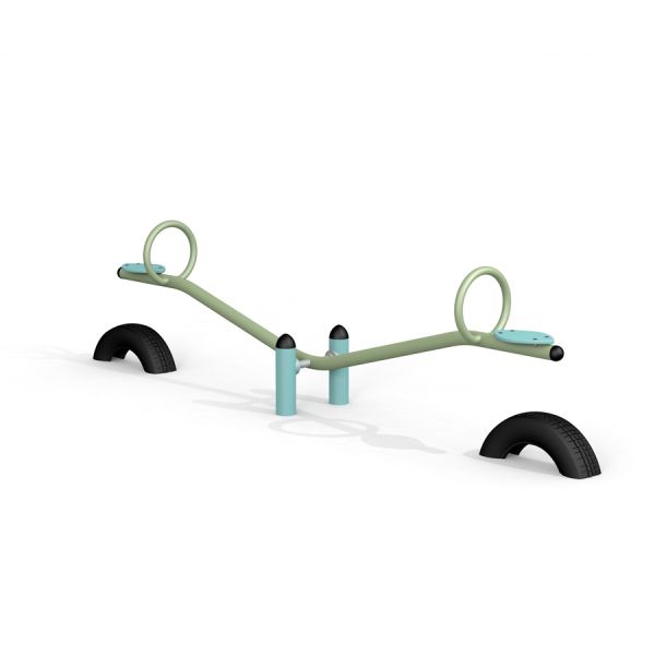 Équipement de jeu Seesaw avec poignées circulaires et supports noirs incurvés.