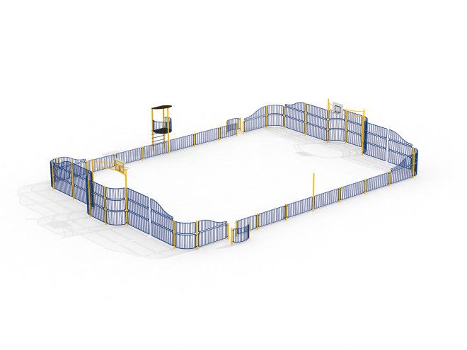 Arène sportive extérieure Nou Camp pour le football et le basket-ball avec clôture bleue et jaune.