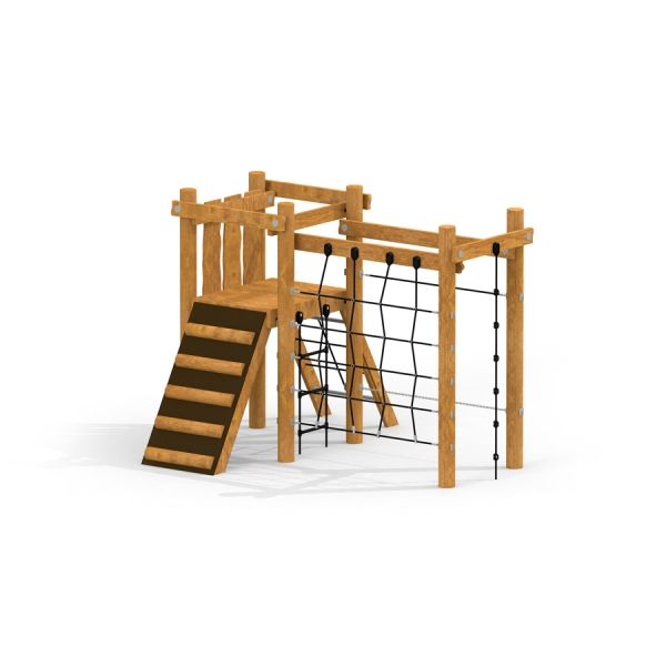 Serengeti wooden playhouse avec filet d’escalade et échelle.