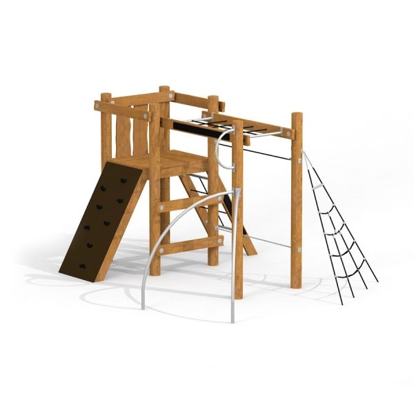 Stranda wooden playhouse avec mur d’escalade et échelle de corde