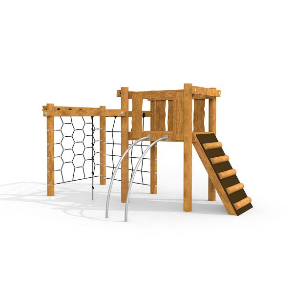Kampinos wooden playhouse avec filet d’escalade et échelle.