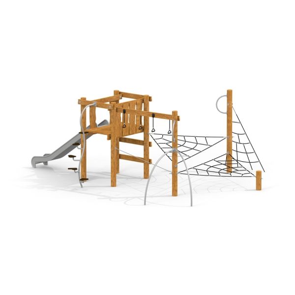 Structure de aire de jeux pour enfants avec toboggan, filet d’escalade et cadre en bois Alv.