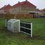 Cage de but de football sur un terrain en herbe dans une zone résidentielle.