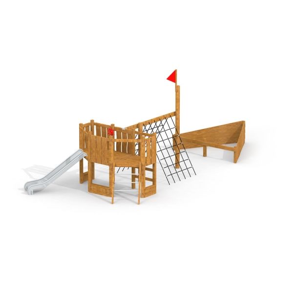 Nature Ship Sandbox, wooden playhouse avec toboggan et filet d’escalade.