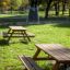 Larchwood Table & Bench dans un parc herbeux.