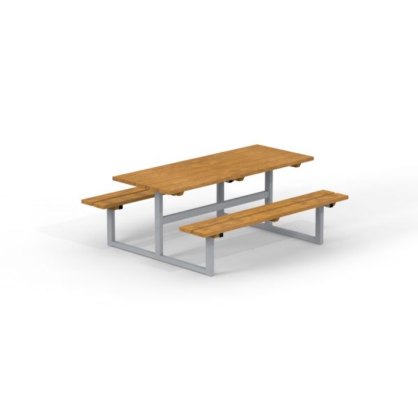 Ensemble Table & Bench avec plateau en bois et sièges sur une structure en acier