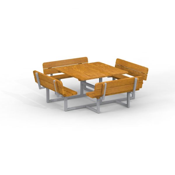 Ensemble table et banc Quadro avec sièges et table en bois sur une structure en métal.