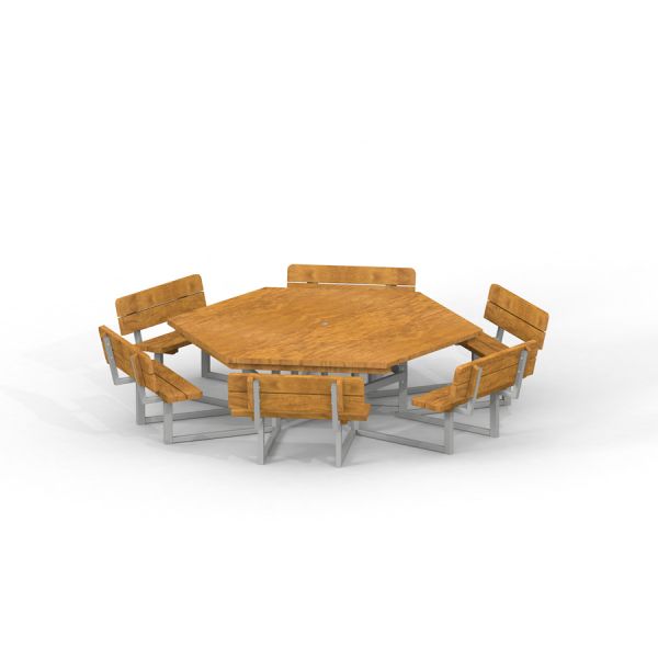 Table & Bench 6 Seats hexagonal en bois avec structure métallique.