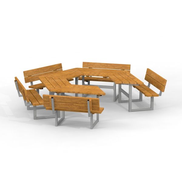 School Table & Bench avec des sièges en bois et des cadres métalliques disposés en forme hexagonale.