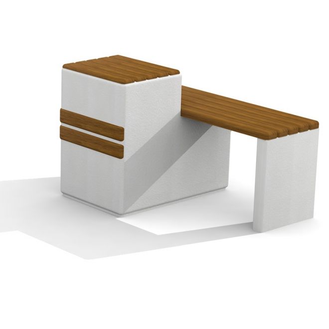 Élément de terrain de jeu moderne Libra avec bancs en béton blanc et en bois.
