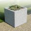 Jardinière carrée en pierre Rosaly avec des plantes sur une terrasse pavée.