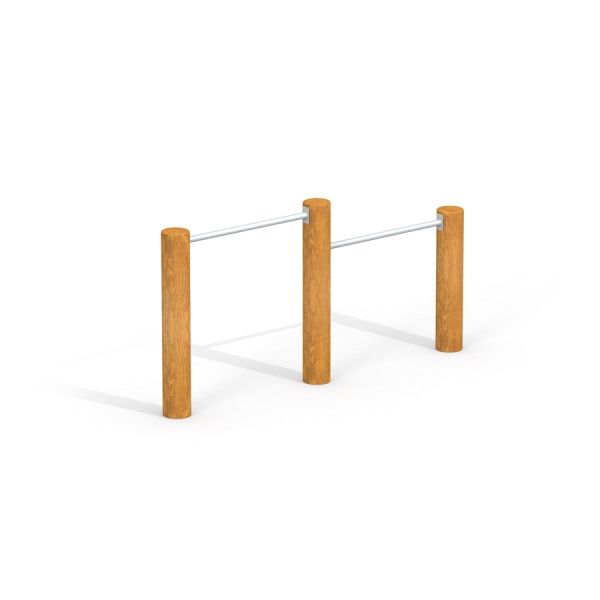 Équipement de fitness extérieur Double Somersault Nature avec poteaux en bois et barres métalliques