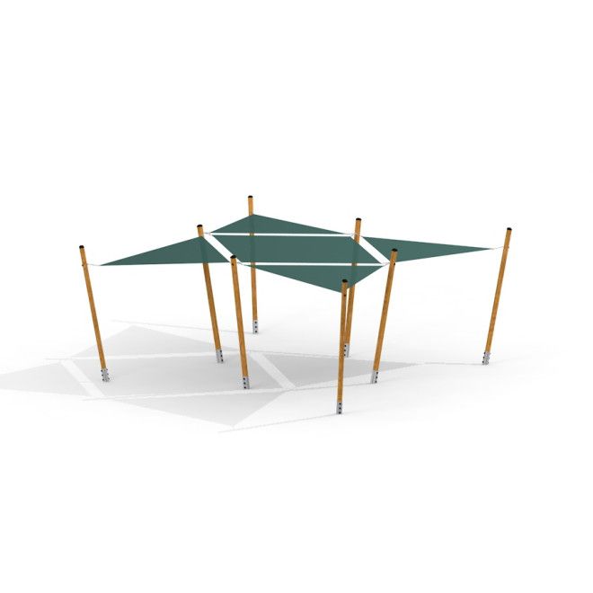 Voiles d'ombrage triangulaires pour aire de jeux Sun Shades soutenues par des poteaux en bois