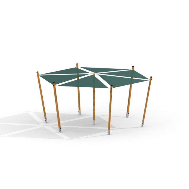 Sun Shades auvent d’aire de jeux avec des poteaux en bois et une couverture en tissu vert.