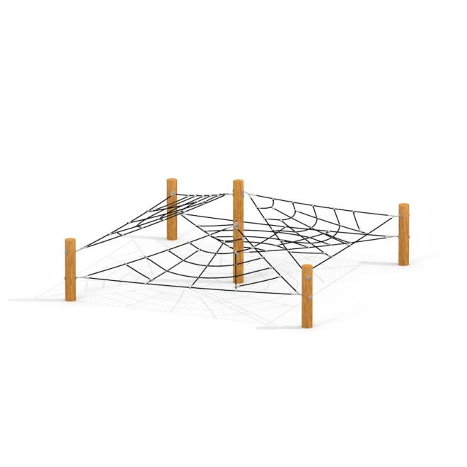 Gossamer structure de filet d’escalade pour aire de jeux avec poteaux en bois et cordes noires.