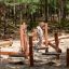 Pont d’équilibre en bois Sahara pour aire de jeux avec éléments en corde en milieu forestier