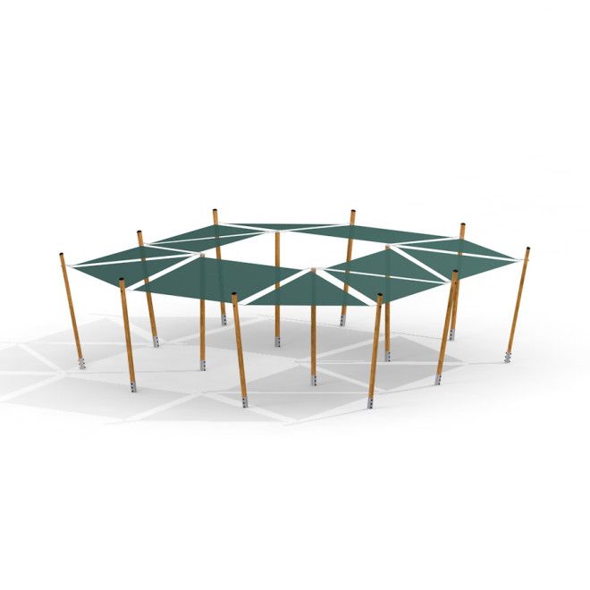 Sun Shades auvent de terrain de jeu avec poteaux en bois et panneaux en tissu vert offrant de l'ombre.