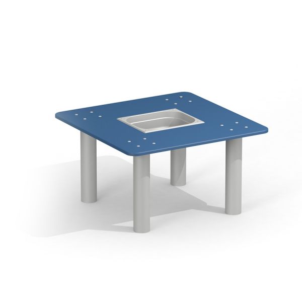 Un Sand & Water Table bleu et gris avec quatre pieds et un bassin intégré.