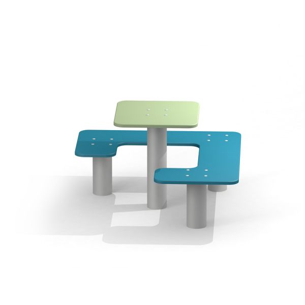 Square bench and table avec plateau vert et bancs bleus.