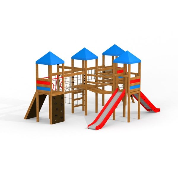 Structure de aire de jeux Sphinx castle with slide avec toits bleus et toboggans rouges