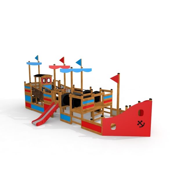 Structure de jeu colorée en forme de bateau avec un toboggan, nommée Bounty ship with slide.