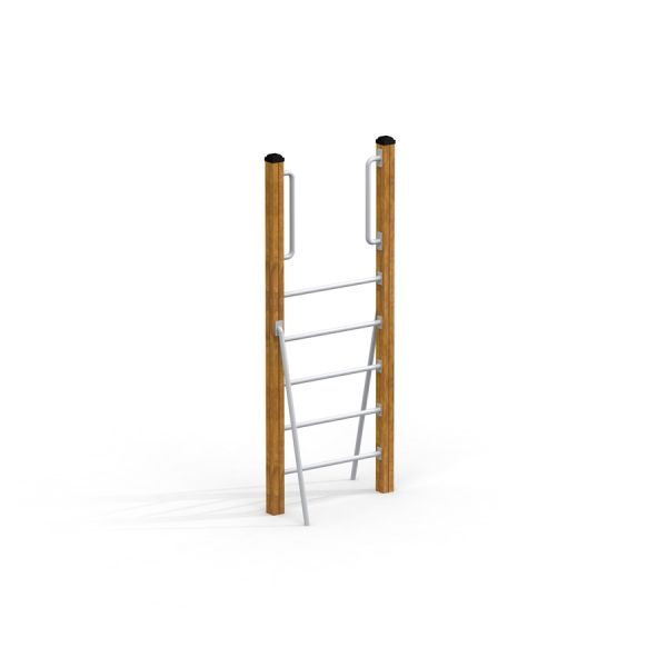 Vertical wooden ladder avec des marches métalliques.