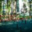 Structure de terrain de jeu extérieure en bois pour enfants Jumping pegs dans un parc avec des arbres et des bâtiments en