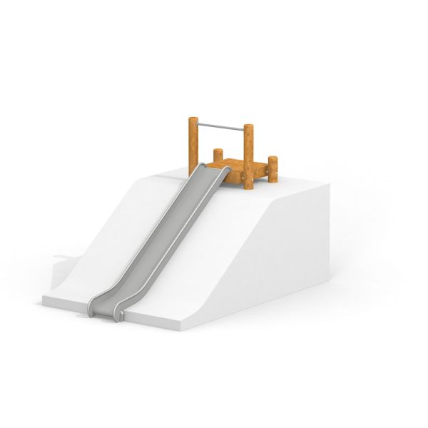 Hill Slide h180 pour enfants avec poteaux en bois et glissière argentée sur plateforme blanche.