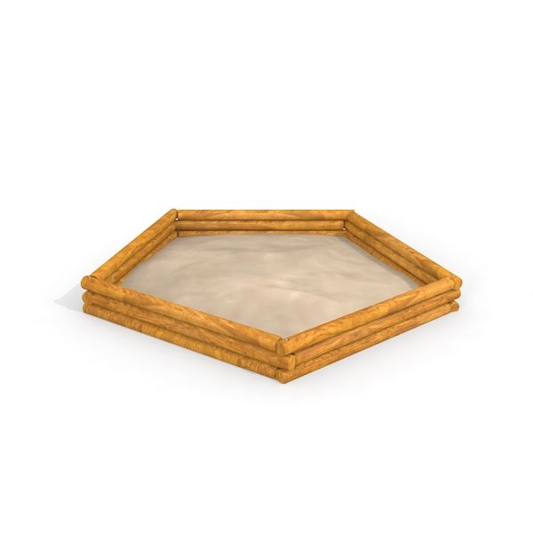 5-angle palisade sandbox avec des bordures en bois.