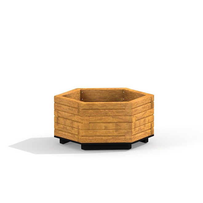 Wooden flowerpot IV - jardinière hexagonale en bois avec finition brun clair.
