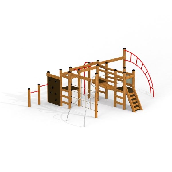 Panther wooden playhouse pour enfants avec des éléments d’escalade et des toboggans.