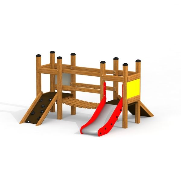 Structure de jeu en bois Mini play avec toboggans et rampes d’escalade.