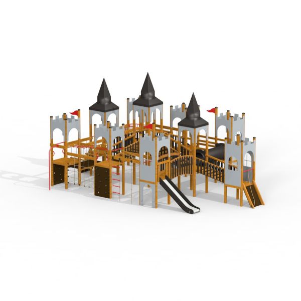 Structure de jeu Windsor castle with slide présentant des tours et des éléments d'escalade.
