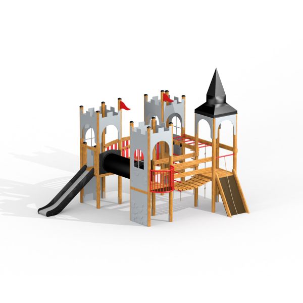 Terrain de jeu sur le thème du château avec toboggan et éléments d’escalade de Camelot castle with slide.